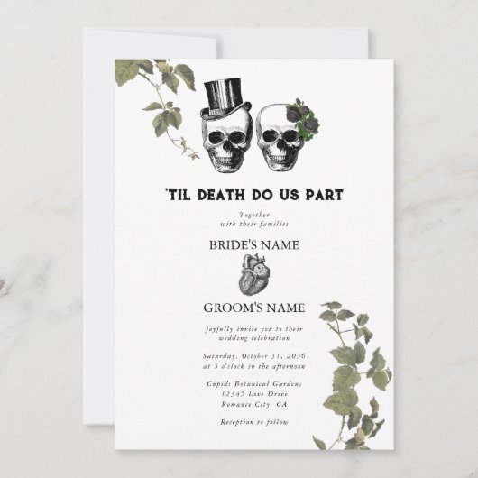 Til Death Gothic Heart Floral Skulls Bruiloft Kaart (Voorkant)