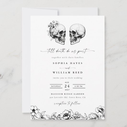 Til Death Gothic Skull Donker Zwart Bloemen Huweli Kaart (Voorkant)