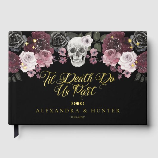 Til Death Waterverf Schedel Roos Gotische Bruiloft Gastenboek (Voorkant)