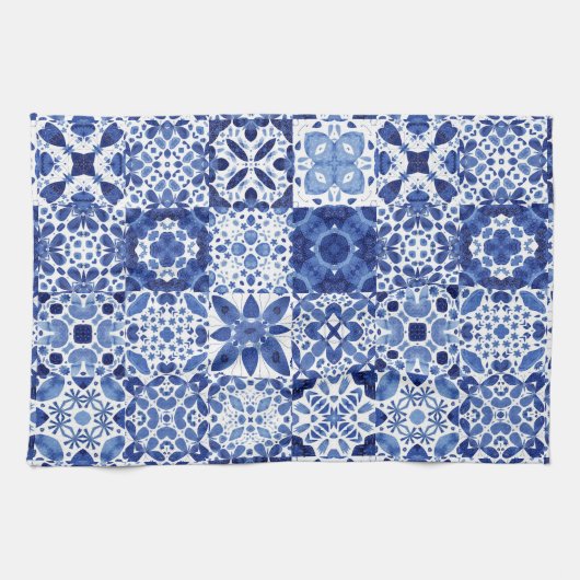 Tile Pattern Blue White Waterverf Theedoek (Horizontaal)