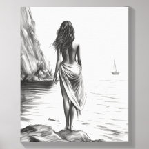 Femme au bord de la mer Carreaux photo dessin au c