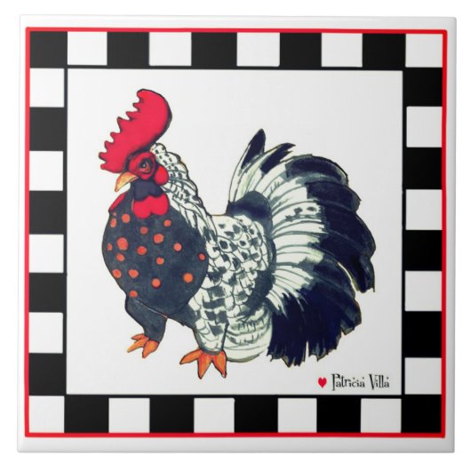 Tile with rooster art black white checks tegeltje (Voorkant)