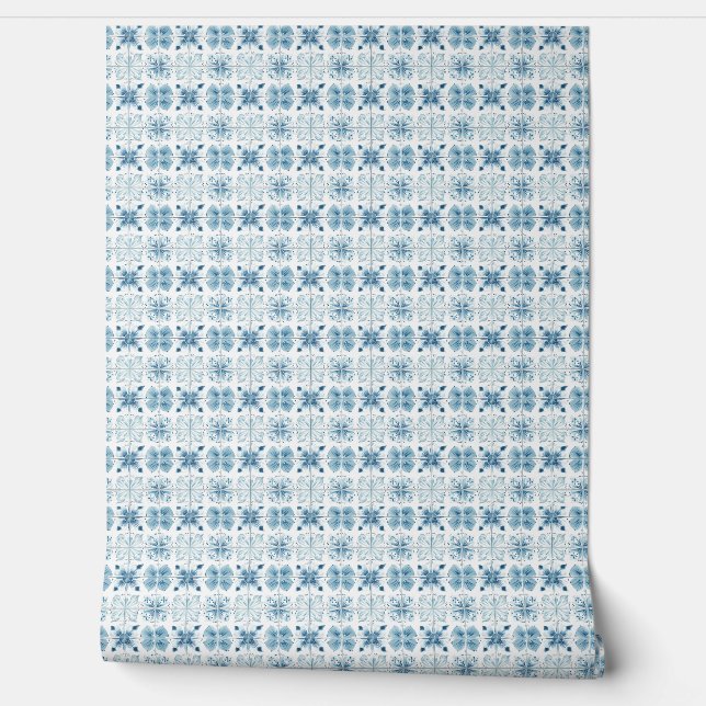 Tiled Ocean Bloom Mini - Blauwgroen, Wit - Kust Behang (Afrollen)