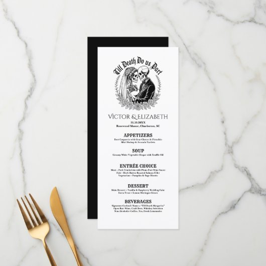 Till Death Do Us Part Gothic Zwart-wit bruiloft Menu (Voorkant / Achterkant in situ)
