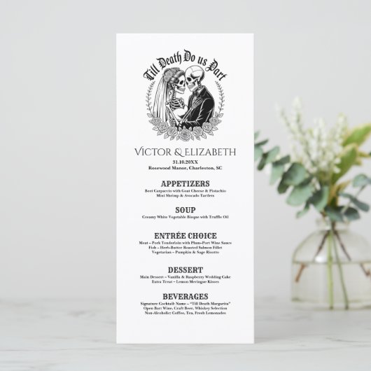 Till Death Do Us Part Gothic Zwart-wit bruiloft Menu (Staand voorkant)
