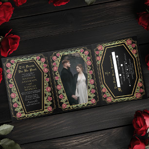 Till Death Do Us Part Roos Black Gothic Wedding Drieluik Uitnodiging