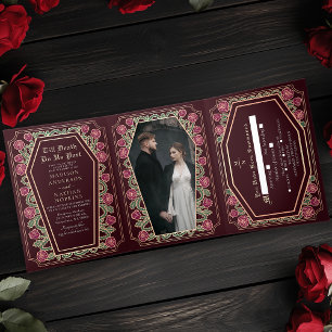 Till Death Do Us Part Roos Rode Gotische bruiloft Drieluik Uitnodiging