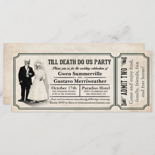 Till Death Do Us Party Mariage Ticket Invitations (Devant / Derrière)