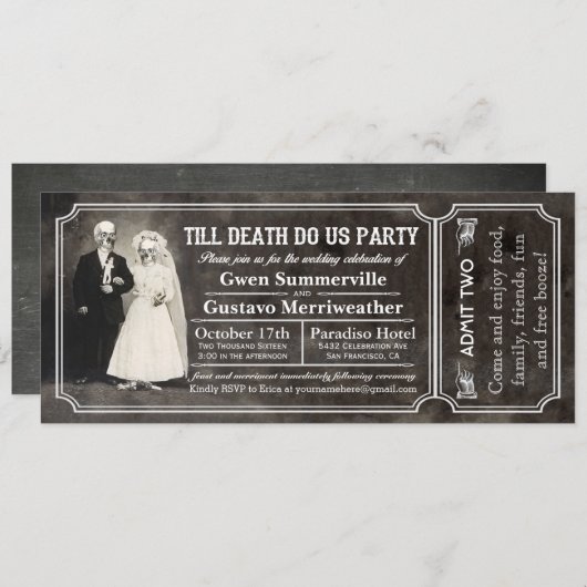 Till Death Do Us Party Mariage Ticket Invitations (Devant / Derrière)
