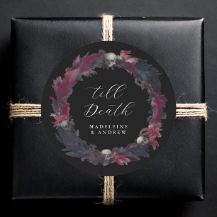Till Death  Gotische bruiloft schedel veren Ronde Sticker