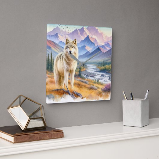 Timber Wolf Natuur Vierkante Klok (Kantoor)