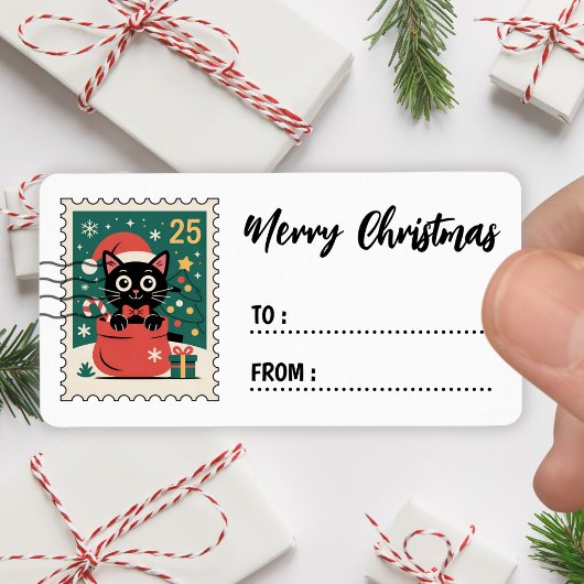 Timbre Autocollant Étiquette Chat Noir de Noël
