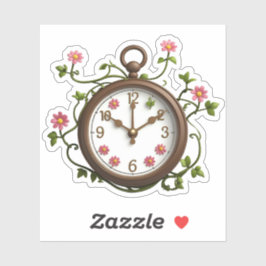 Time Blooms Sticker: Uniek Klok & Bloemen Ontwerp Sticker
