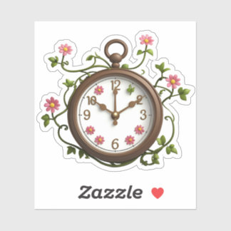 Time Blooms Sticker: Uniek Klok & Bloemen Ontwerp Sticker