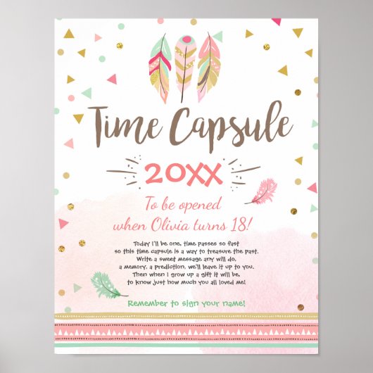 Time Capsule Feathers Tribal Boho Girl Gold Poster (Voorkant)