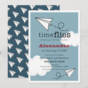 Time Flies Papieren Vliegtuig Blauwe Jongen Verjaa Kaart