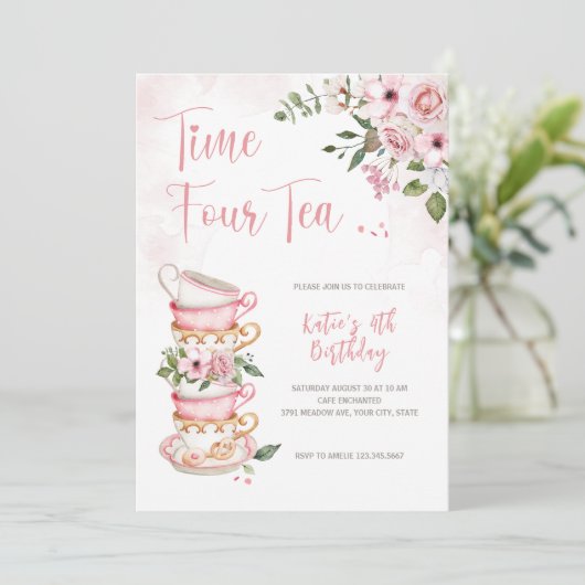 Time FOUR Tea 4th Birthday Invitation (Debout devant)
