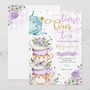 Time Four Tea Paarse Bloemen 4e Verjaardag ParTEA Kaart