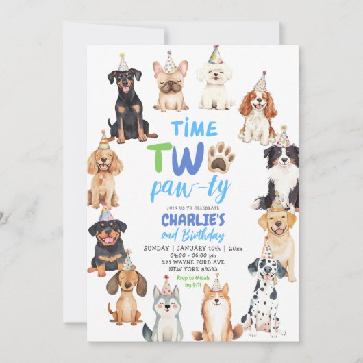 Time Two Pawty Dog Lovers Kids Second Birthday Kaart (Voorkant)