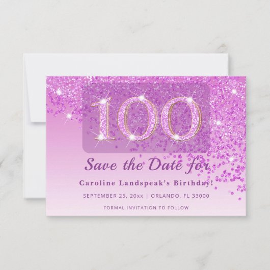 Timeless 100th Birthday Pink Glitter Frosted  Save The Date (Voorkant)