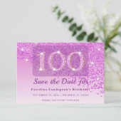 Timeless 100th Birthday Pink Glitter Frosted  Save The Date (Staand voorkant)