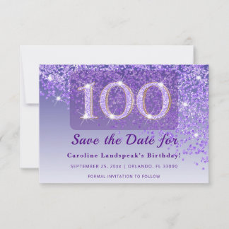 Timeless 100th Birthday Purple Glitter Frosted  Save The Date