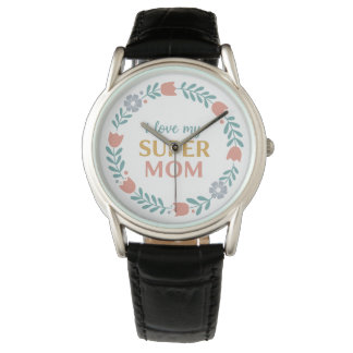Timeless Black Leather I Love My Super Mom Watch Horloge