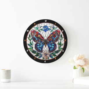 Timeless Bloom" - Glas in lood Butterfly Grote Klok