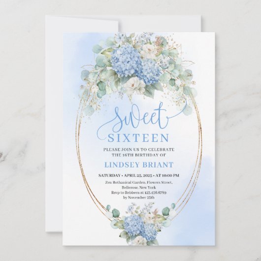 Timeless Blue Floral Gold Sweet 16 Birthday Invite Kaart (Voorkant)