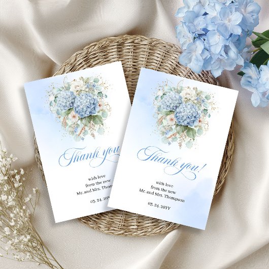 Timeless Blue Hydrangea Eucalyptus Wedding thanks Bedankkaart