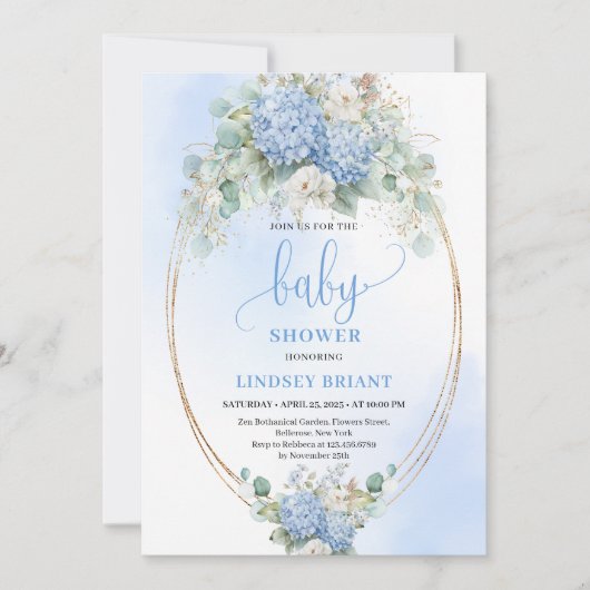 Timeless Blue Hydrangeas Baby Shower Invitation (Devant)