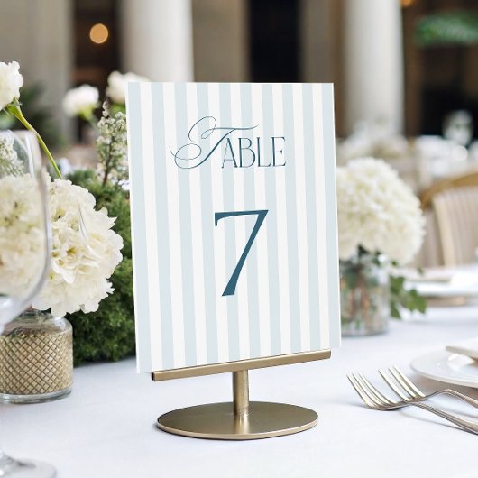 Timeless Blue Stripes Wedding Table Number 7 Sign Kaart