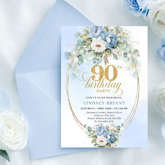 Timeless Boho Blue Peonies Gold 90th Birthday Chic Kaart