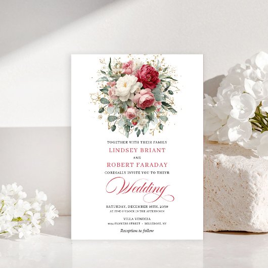 Timeless Boho Red Blush Floral Greenery Invitation