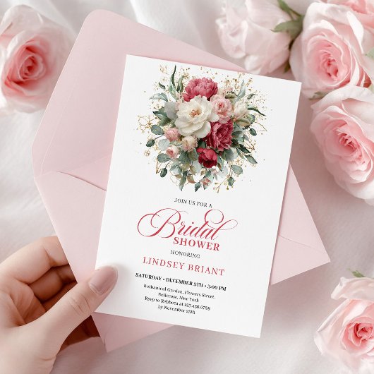 Timeless Boho Ruby Red Blush Gold Bridal Shower Kaart