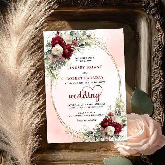 Timeless Burgundy Bohemian Floral Wedding Invite Kaart
