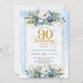 Timeless dusty blue and gold 90th birthday invites kaart (Voorkant)
