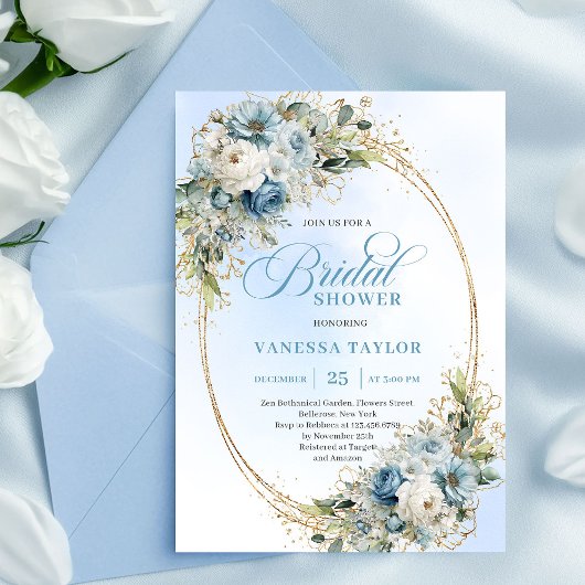 Timeless Dusty Blue Floral Script Bridal Shower Kaart