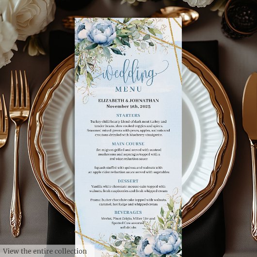 Timeless Dusty Blue Gold Glitter Frame Wedding Menu