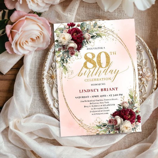Timeless Floral Gold 80th Birthday Celebration  Kaart