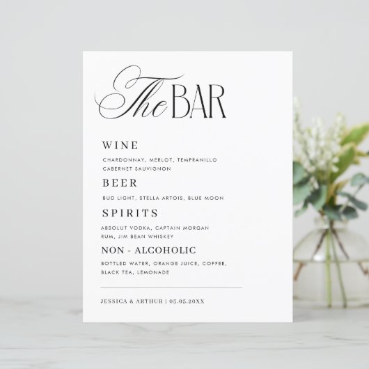 Timeless Luxe Script Classy Wedding Bar Drink Menu (Debout devant)