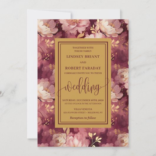 Timeless Luxury Maroon Blush Gold Floral Wedding Kaart (Voorkant)
