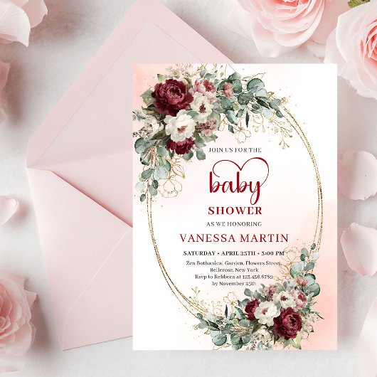 Timeless Maroon Floral Gold Baby Shower Invitation