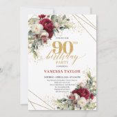 Timeless Marsala Floral Gold 90th Birthday Invite Kaart (Voorkant)