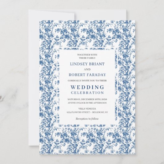 Timeless Navy Blue Toile Wedding Invitation Kaart (Voorkant)