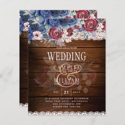 Timeless Rustic Blue Burgundy Floral Lace Wedding (Voorkant / Achterkant)