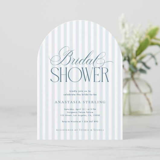 Timeless Script Blue Stripes Arched Bridal Shower Kaart (Staand voorkant)