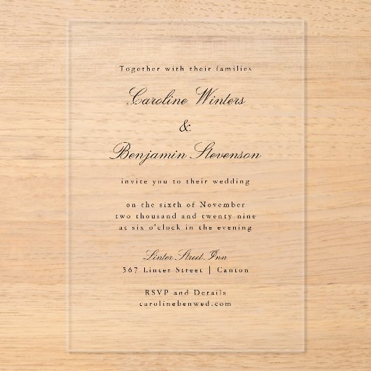 Timeless Script Font Formal Elegant Wedding Clear Acryl Uitnodigingen (Voorkant)