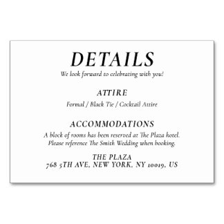 Timeless White Elegant Wedding Detail Cards Kaart