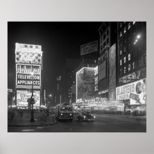 Times Square 's nachts, 1953. Oude foto Poster